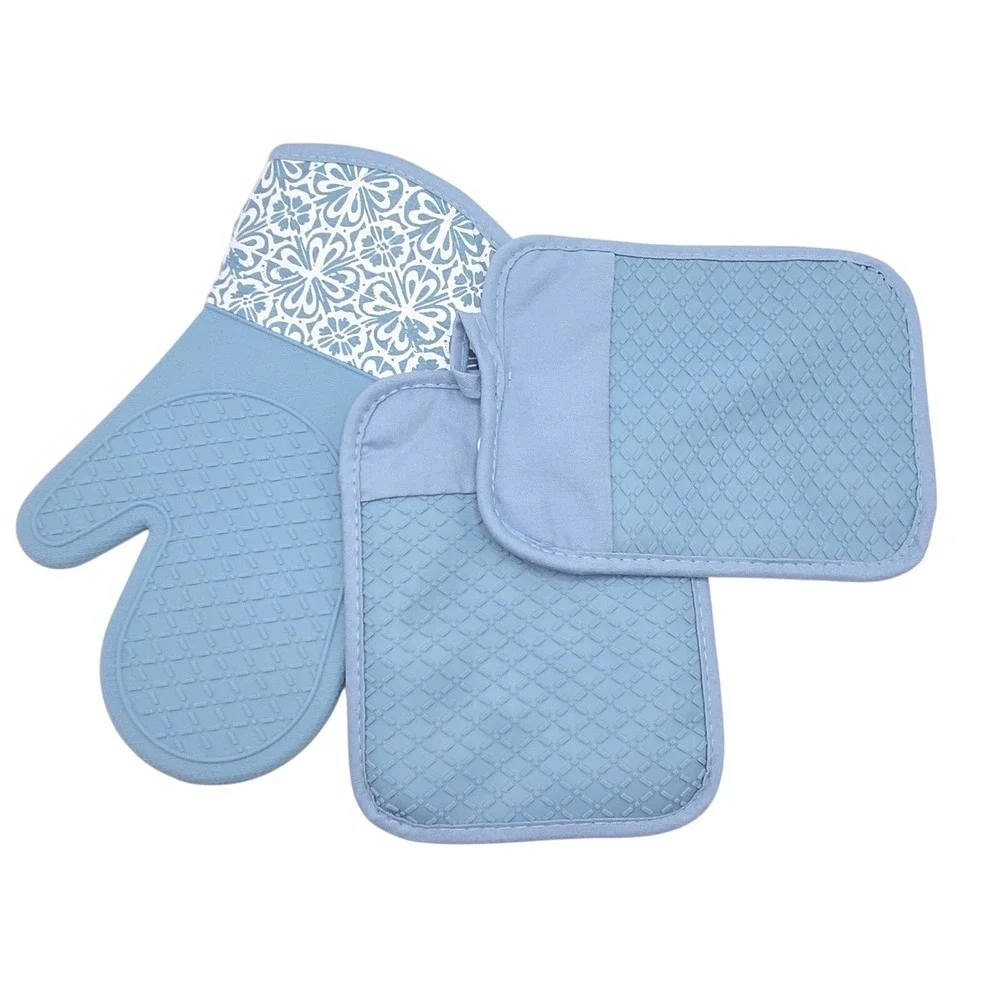 Bakers Choice‎ Blue Floral Cotton Silicone Pot Holder & Oven Mitt Set of 3 Piece